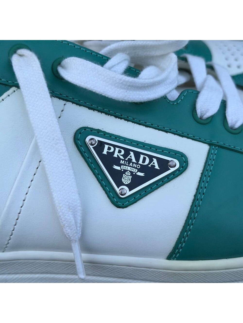 Prada Sneakers Green White Size 11 Leather Low Top Lace Up Italy 2EE364 - Picture 3 of 13